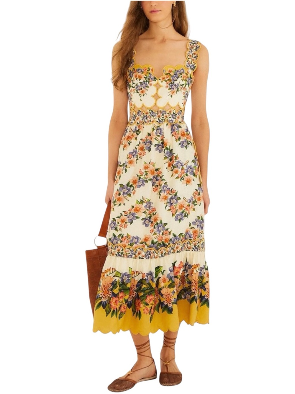 NWT FARM Rio Sand Hilo Floral Scallop-Trim Dress Size S